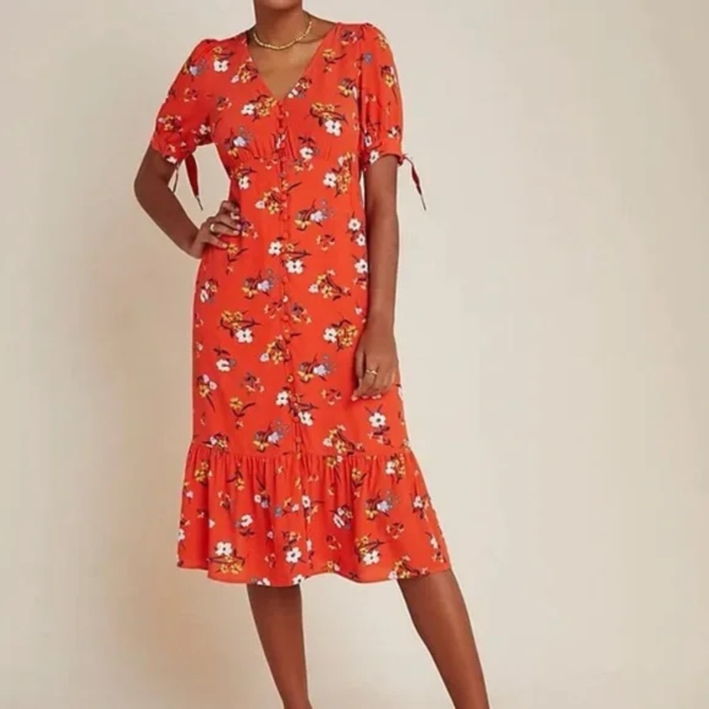 Anthropologie Maeve Eudora Red/Orange‎ Floral V-Neck Button Up Midi Dress Sz 18